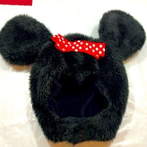 Minnie Mouse BLACK plush HEAD PIECE MOUSE EARS RED white dots BOW Adult Hat teen